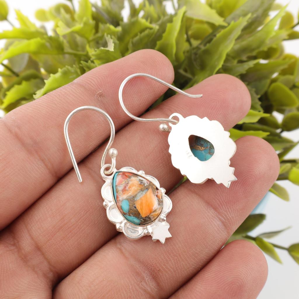 Boucles d'oreilles en pierres gemmes faites à la main en huître épineuse, Boucles d'oreilles en argent sterling massif 925, Bijoux de créateur, Pour cadeau d'anniversaire