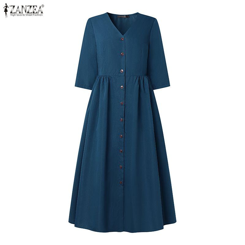 ZANZEA Women Casual V-Neck Summer 3/4 Sleeve Long Dress