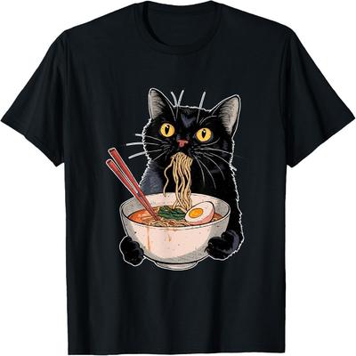 Funny Black Cat Ramen Graphic Japanese Kawaii Anime Cat T-Shirt