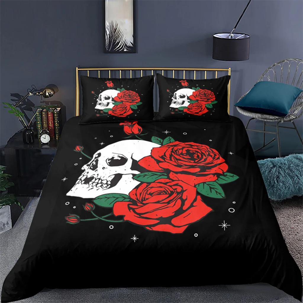 Skull Floral Skull Duvet Cover Full Size Gothic Skull Rose Bones Skeleton For Kids Women Men Red Black For Bedroom Decorations