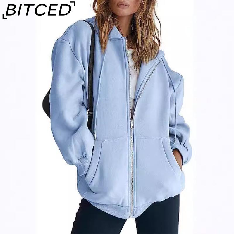 BITCED Unisex Fleece-Lined Hooded Sweatshirt Casual Cardigan with Zip-Up Front