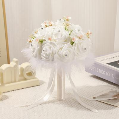 White Artificial Rose Bridal Bouquet with Rhinestone Accents,  Long Satin Streamers, Wedding Hand Flower