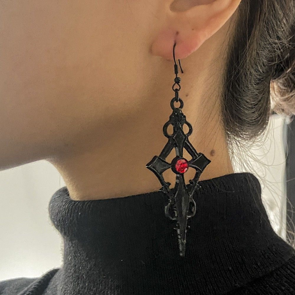 Gothic Punk Earrings Steampunk Black Cross Metal Red Rhinestone Ear Pendant for Women Girl