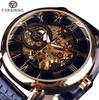 Forsining Orologio meccanico scheletrato in pelle con incisione cava con logo 3D, cassa in oro nero, marchio di lusso da uomo Heren Horloge