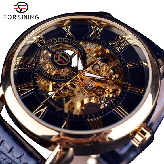 Forsining Orologio meccanico scheletrato in pelle con incisione cava con logo 3D, cassa in oro nero, marchio di lusso da uomo Heren Horloge