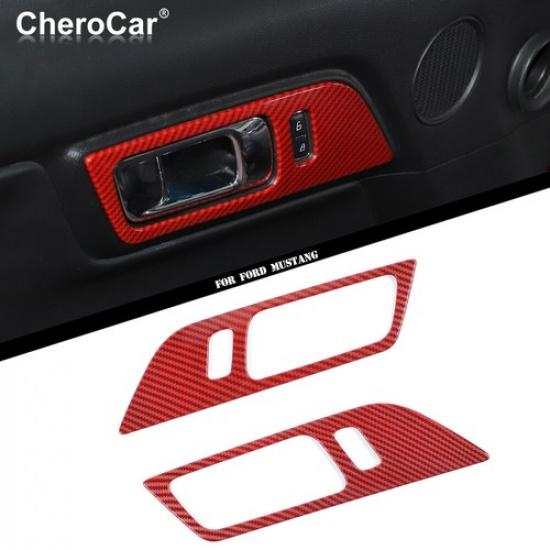 Inner Door Handle Frame Trim Cover Red Carbon Fiber For 2015+ Ford Mustang ABS