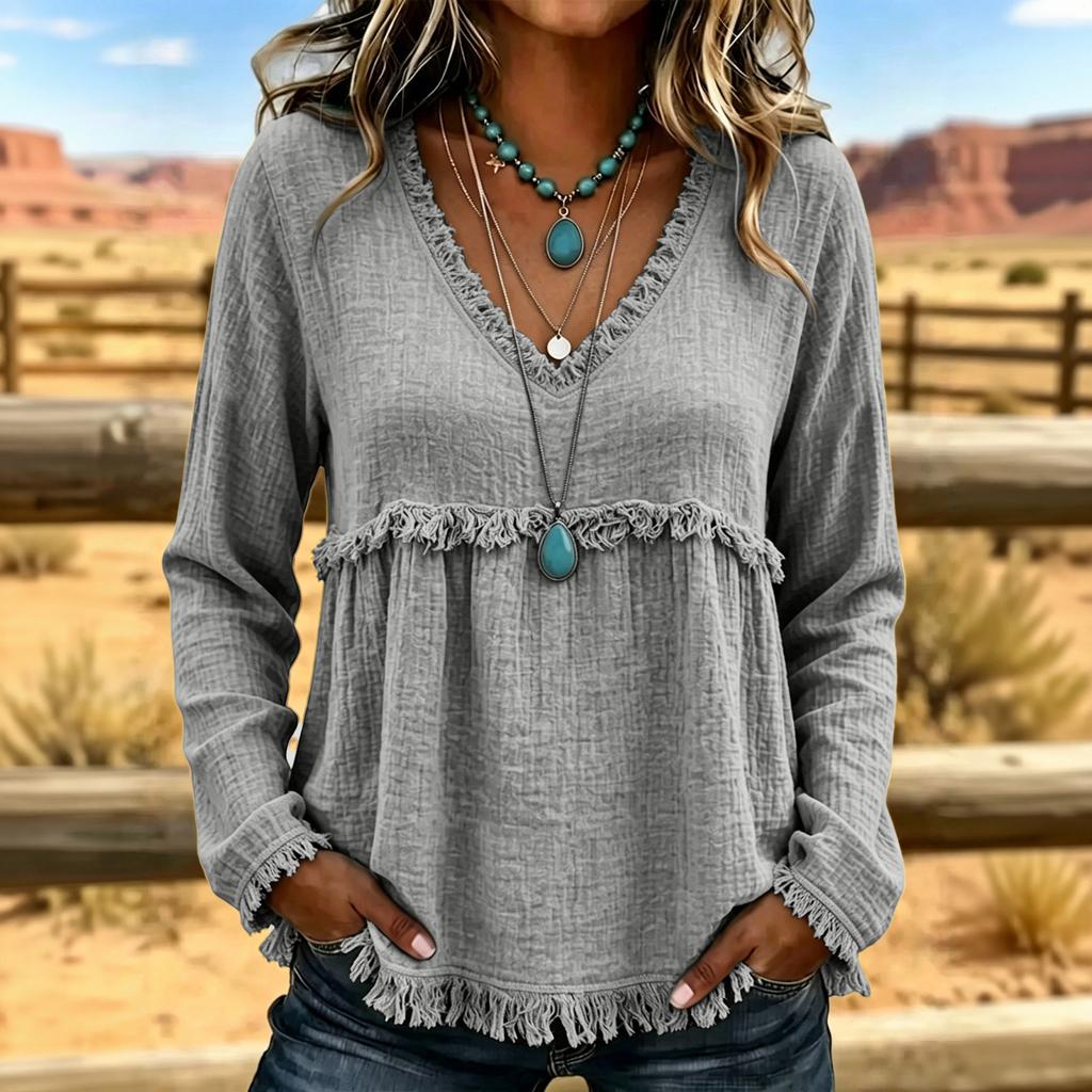Women's V-Neck Long Sleeve Cotton Linen Casual Color Top