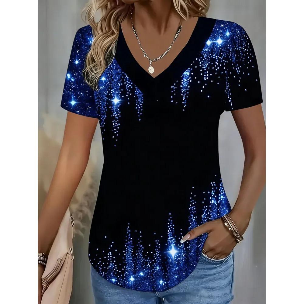 Creative Colorful Pattern Summer Soft Fashionable Comfortable Women's T-Shirts Casual Breathable Loose V-Neck Short-Sleeve T-Shirt