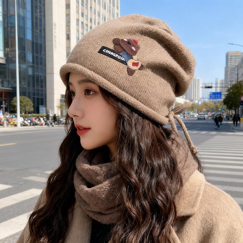Cute Cartoon Bear Hat for Women Autumn and Winter Baotou Knitted Hat Versatile Pile Hat Showing Face Small Curled Edge Cold Hat