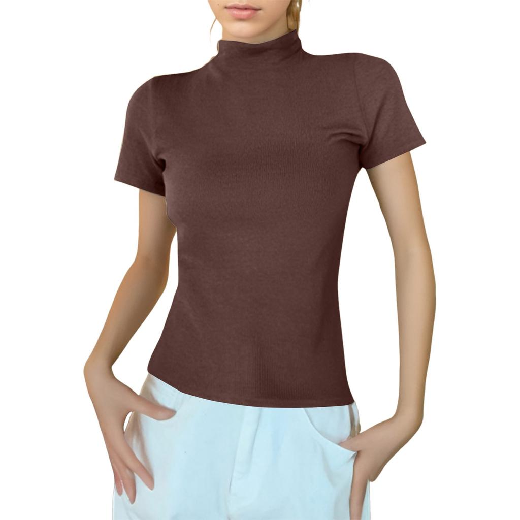 Women's Semi-high Neck With A Slim Short Sleeved Shoulder T-shirt Top