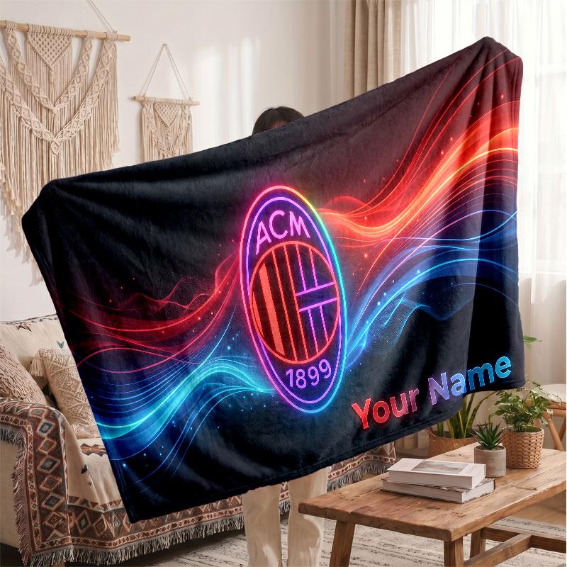 Coperta in Pile Personalizzata AC Milan con Logo Calcio, Testo Nome Personalizzato Morbida Calda Coperta da Divano per la Casa