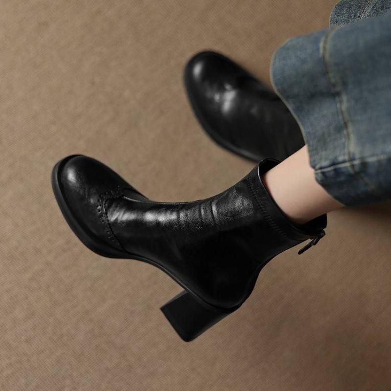 New women's high-heeled large-size medium boots rear zipper non-slip Martin boots Korean version round head rubber sole square heel women's boots