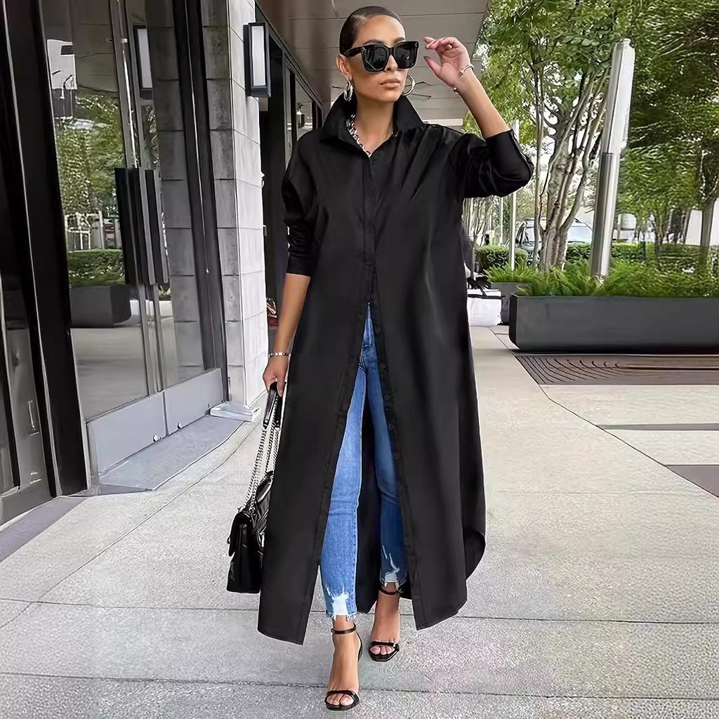 Women Lapel Collar Maxi Shirt Dress Long Sleeve Oversized Open Front Loose Casual Streetwear Tunic Cover‑Up Blouse