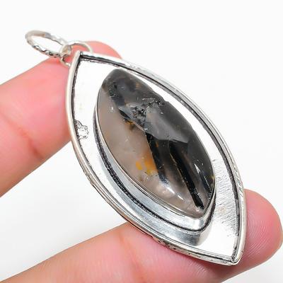 Natural Black Rutile Gemstone Handmade 925 Sterling Silver Pendant 2.56" C8M88