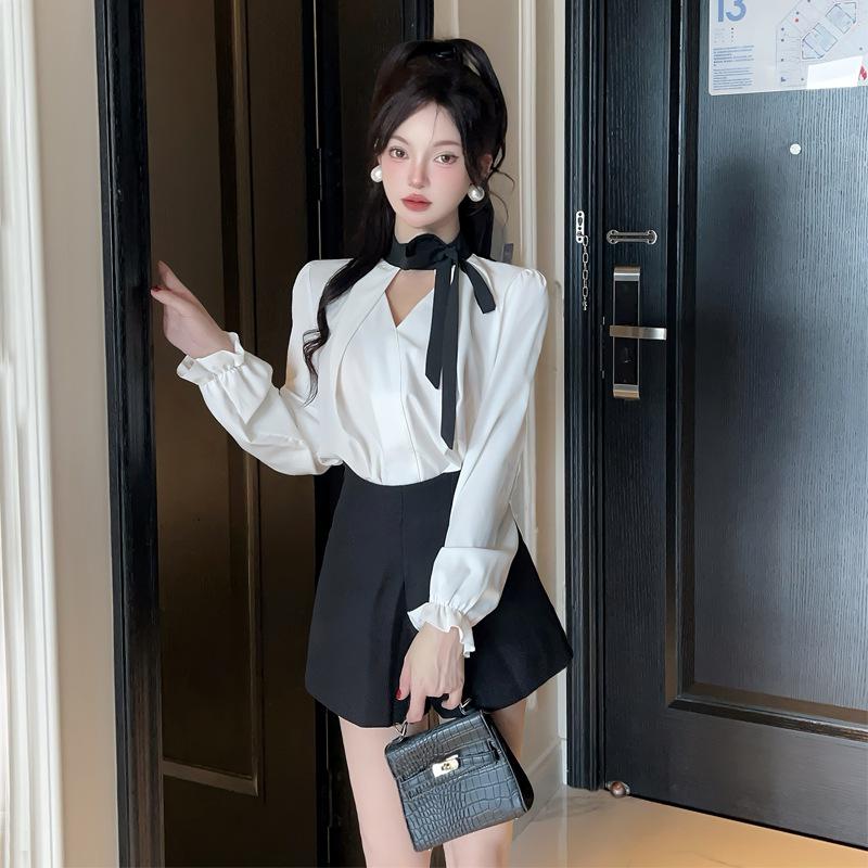 Chic Black & White French V-Neck Bow Shirt with High-Waisted Shorts Set