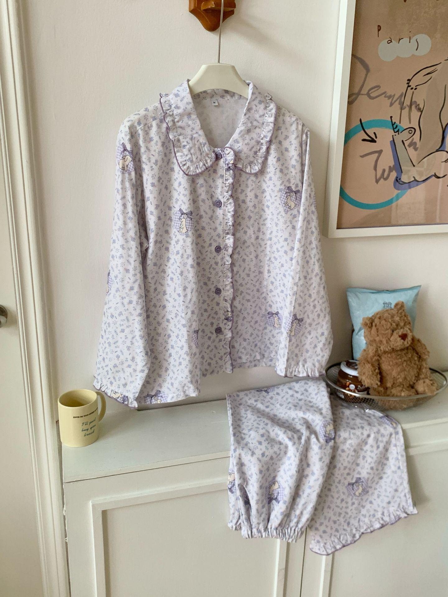 

Purple Bow Cotton Double Gauze Pajama Set with Lace Collar L (160-170cm, up to 135 jin)