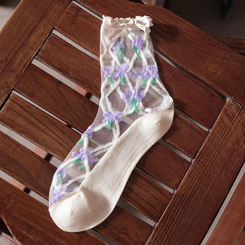 Ultra-thin Transparent Crystal Silk Socks Women Fashion Summer Harajuku Crew Socks Retro Flower Streetwear Elastic Long Socks