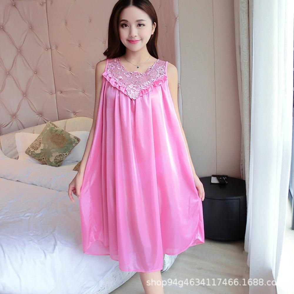 Summer Plus Size Nightdresses Women's Pajamas, Summer Ice Silk Lace Swing Skirt Solid Color Loungewear