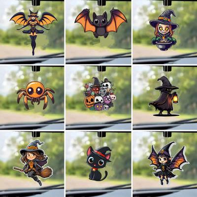 Halloweenská ozdoba na zpětné zrcátko do auta Kreslený netopýr/kočka/duch/čarodějnice Akrylový přívěsek 2D plochý Auto