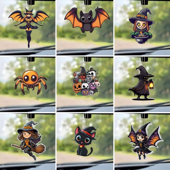 Halloween Car Rearview Mirror Charm Cartoon Bat/Cat/Ghost/Witch Acrylic Pendant 2D Flat Auto Interior Accessories for Cat Backpack Phone