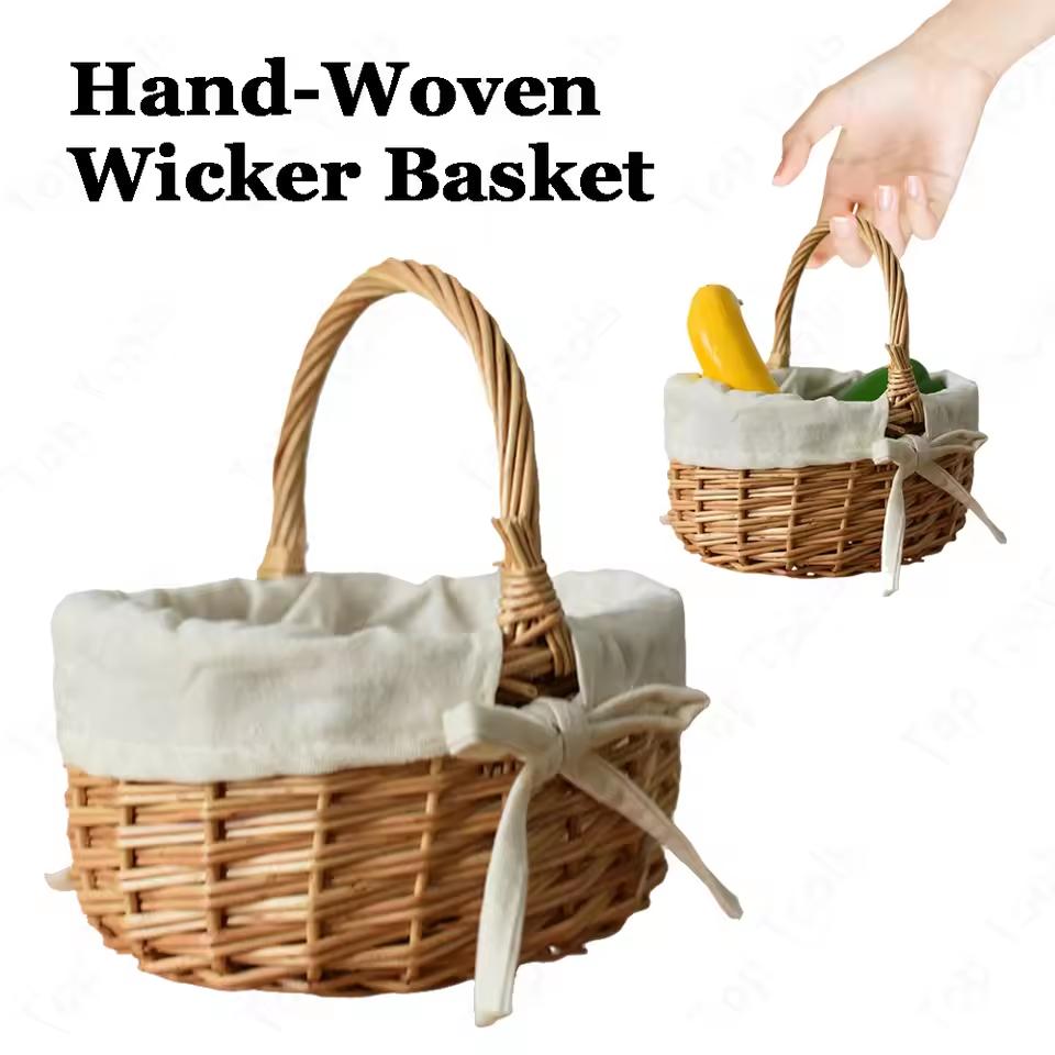 Handmade Wicker Basket with Handle Summer Pastoral Style Picnic Basket Hand Woven Flower Basket Rattan Storage Basket Home Decor giallo