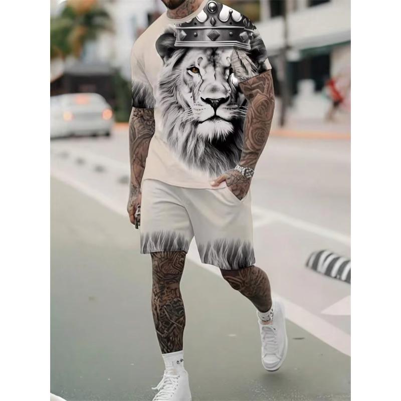 2024 New Crew Neck Short Sleeve T-shirt Fashion Shorts Set 3D Lion Print Short Sleeve Shorts 2-piece Men's Summer Sports Set