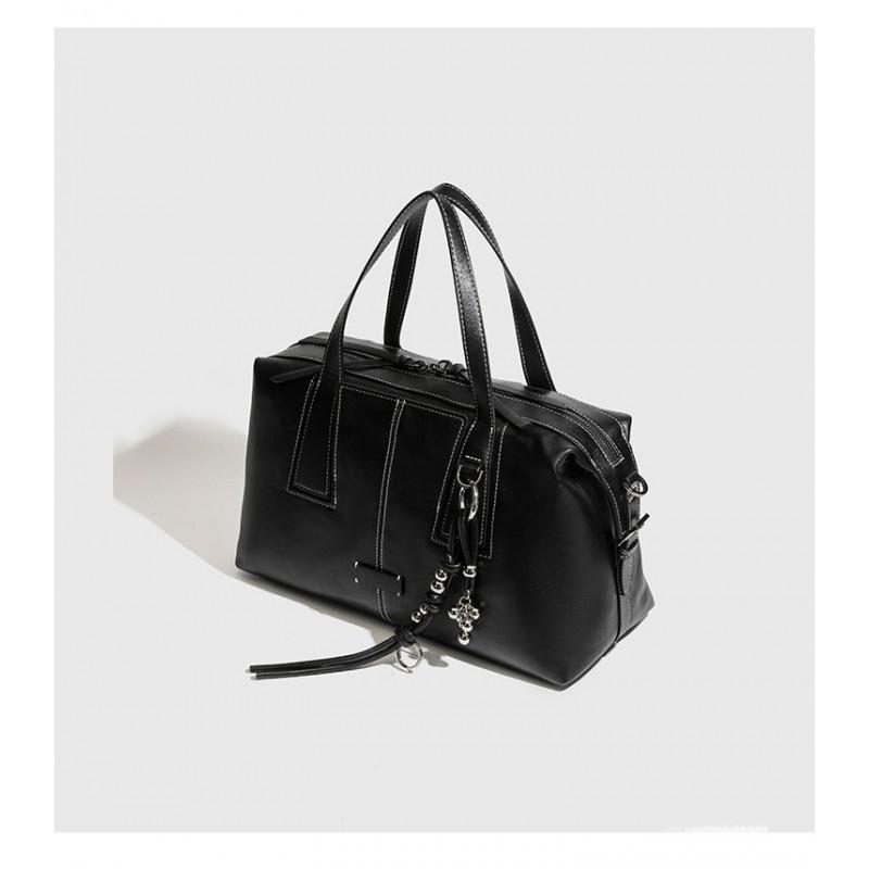 2026 New Retro Top-layer Cowhide Boston Bag Bowling Old Money Style High-end Cross-body Women's Large Capacity