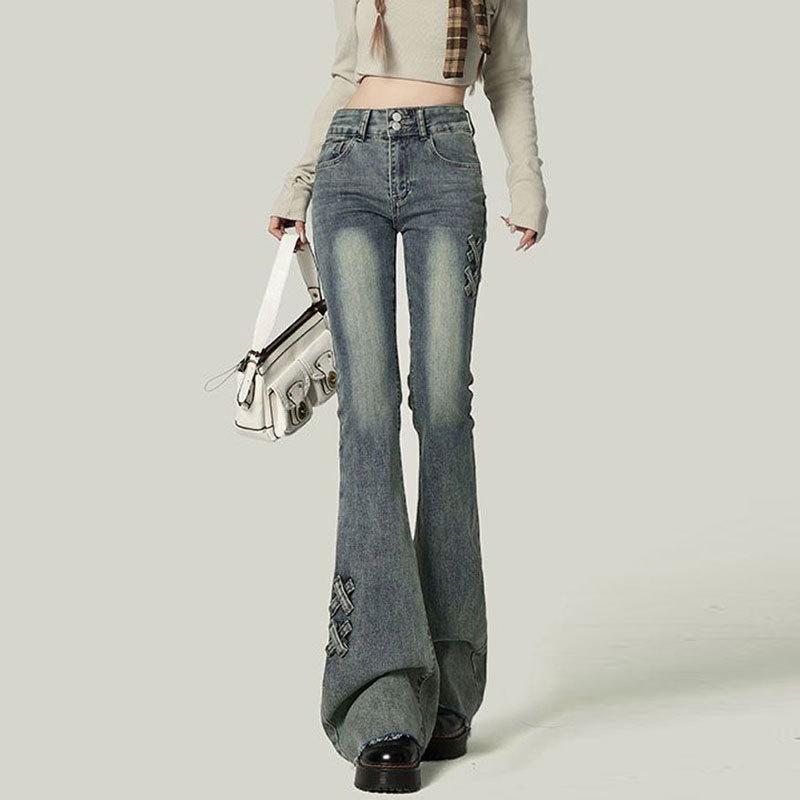 Plus-Size High-Waisted Slimming Flare Jeans with Double-Button Retro Design