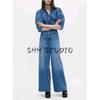 Lapel Puff Sleeves Denim Shirt 5216053 Washing Effect High Waist Wide Leg Denim 6840055