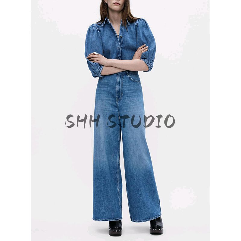 Lapel Puff Sleeves Denim Shirt 5216053 Washing Effect High Waist Wide Leg Denim 6840055