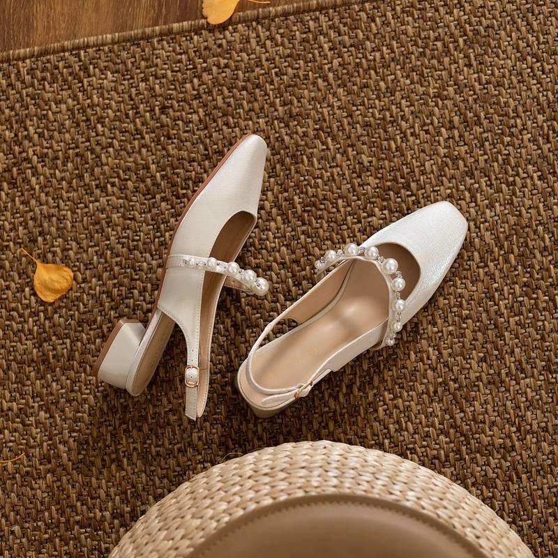 

Pearl Sandals Espadrilles Platform Female Shoe Med Square Toe Clear Heels Buckle Strap 2025 Women s High Girls Medium High-heele 35 шампанского