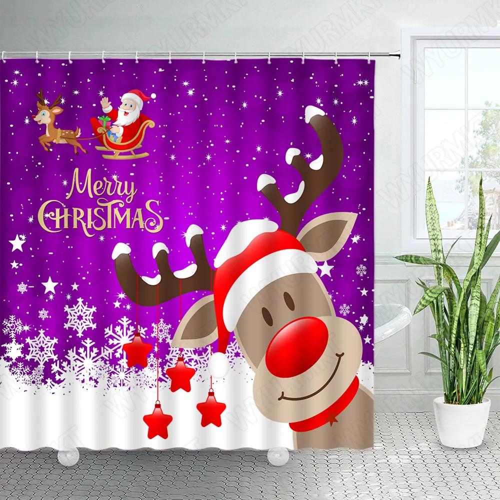 Cartoon Christmas Shower Curtains Funny Reindeer Santa Clause Snowflake Star Red New Year Xmas Fabric Home Bathroom Decor Sets