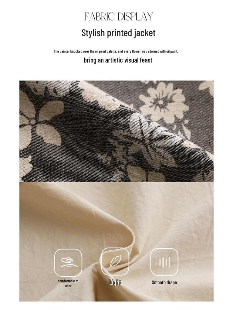 Women's Retro Print Round Neck Short Jacket - Spring 2025 Cotton Linen Design