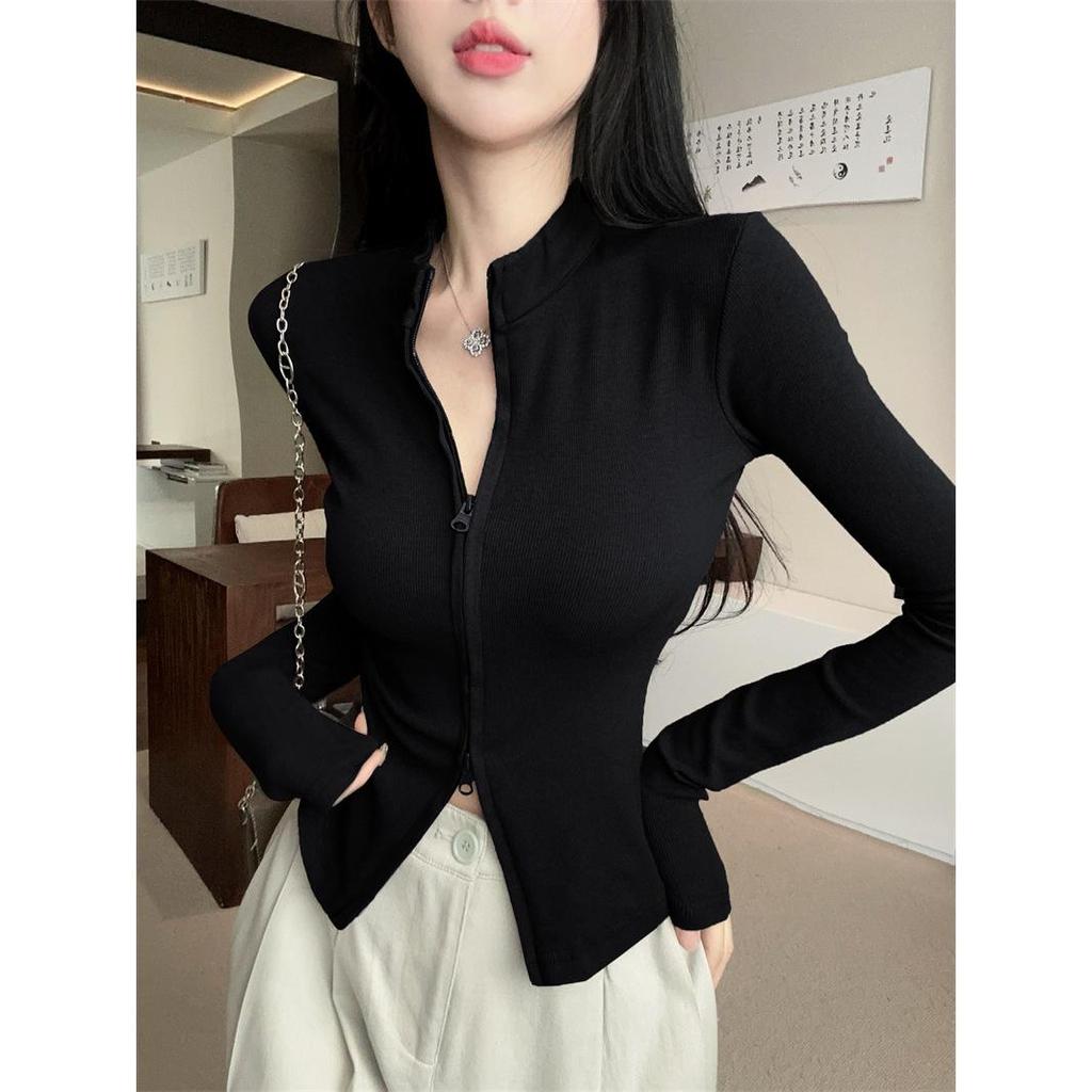 Women's Slim Fit Stand-Up Collar Double Zipper Cardigan Jacket with High Collar and Long Sleeves - Sweet, Cool, Spicy Style