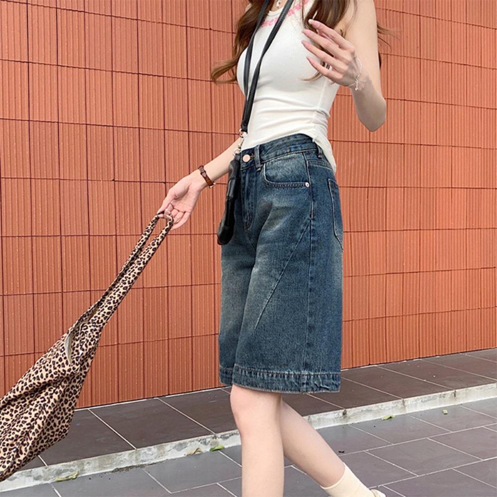 Women's High Rise Denim Shorts Wide Leg Loose Fit Knee Length Bermuda Jeans Shorts