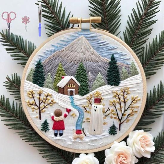 Christmas Embroidery Kit Winter Landscape Embroidery Starter Kit Santa Claus Embroidery Craft Set with Pattern Threads Needles for Beginners Adults