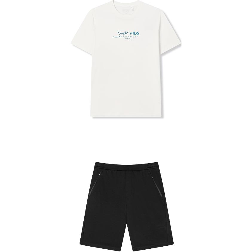 

Fila Топ с круглым вырезом и короткими рукавами с принтом логотипа и шорты на эластичном шнурке. Повседневный спортивный комплект. Мужские комплекты F11M438116F-WT+F11M422603F-BK L