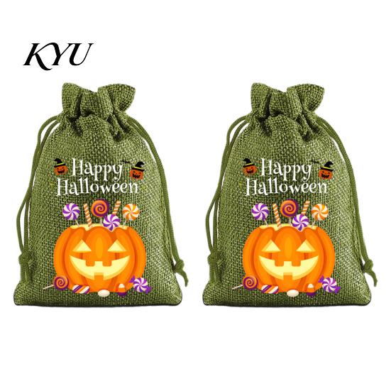 Lightweight Candy Carriers 2Pcs Halloween Pumpkin Drawstring Bags for Treats, Retro Burlap Pattern Party Favors Trick or Treat Bags, Portable