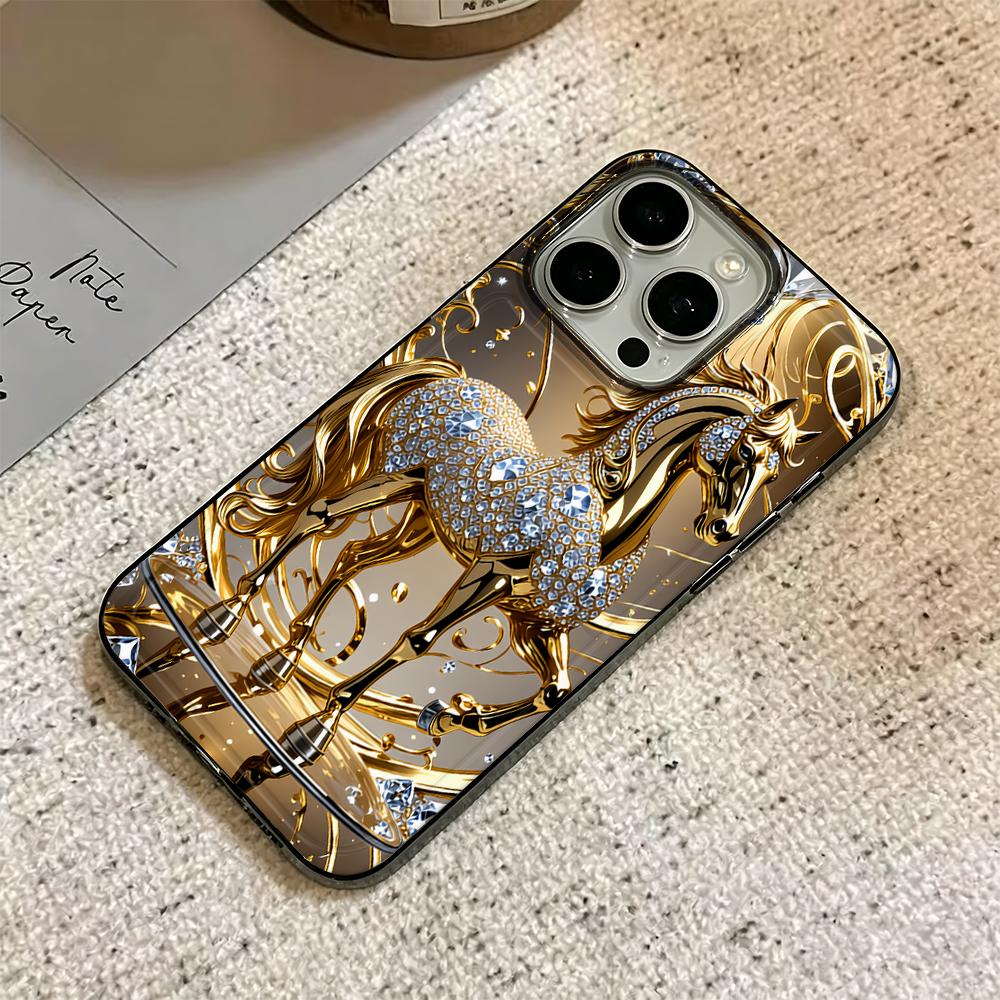 Pattern Diamond-Encrusted Golden Horse Phone Case For Iphone 17 Pro Max 16 15 Pro 14 13 12 11 17 Air 16 Plus Soft Clear Cover