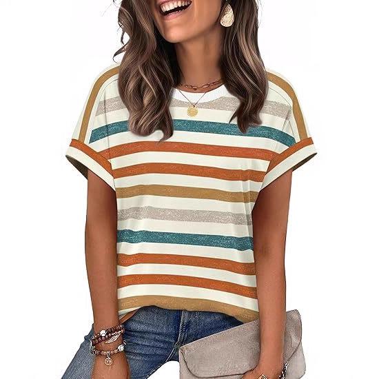 Temu 2023 Women's Colorful Striped Round Neck Pullover Casual T-shirt