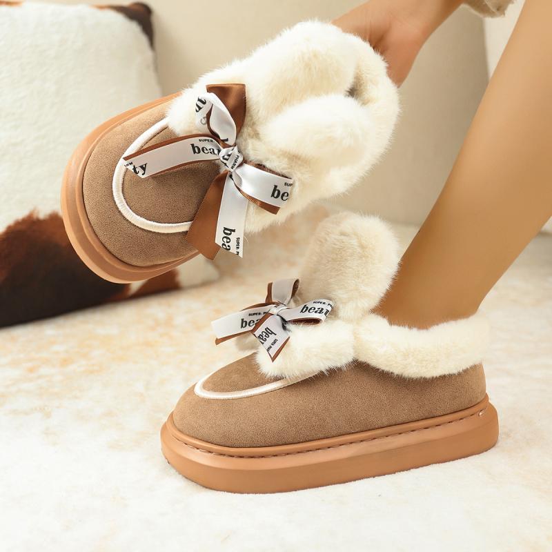 Fashion Sweet Shorts Plush Rabbit Ear Snow Boots Women Letter Printing Bowknot Warm Faux Fur Snow Boots Thicken Bottom Winter Shoes