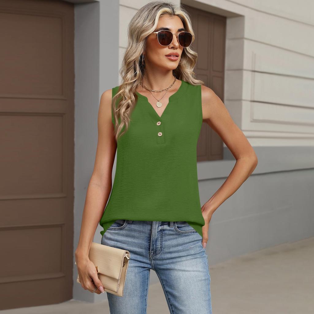Women's Casual Fashion Button-Up Round Neck Sleeveless T-Shirt Vest