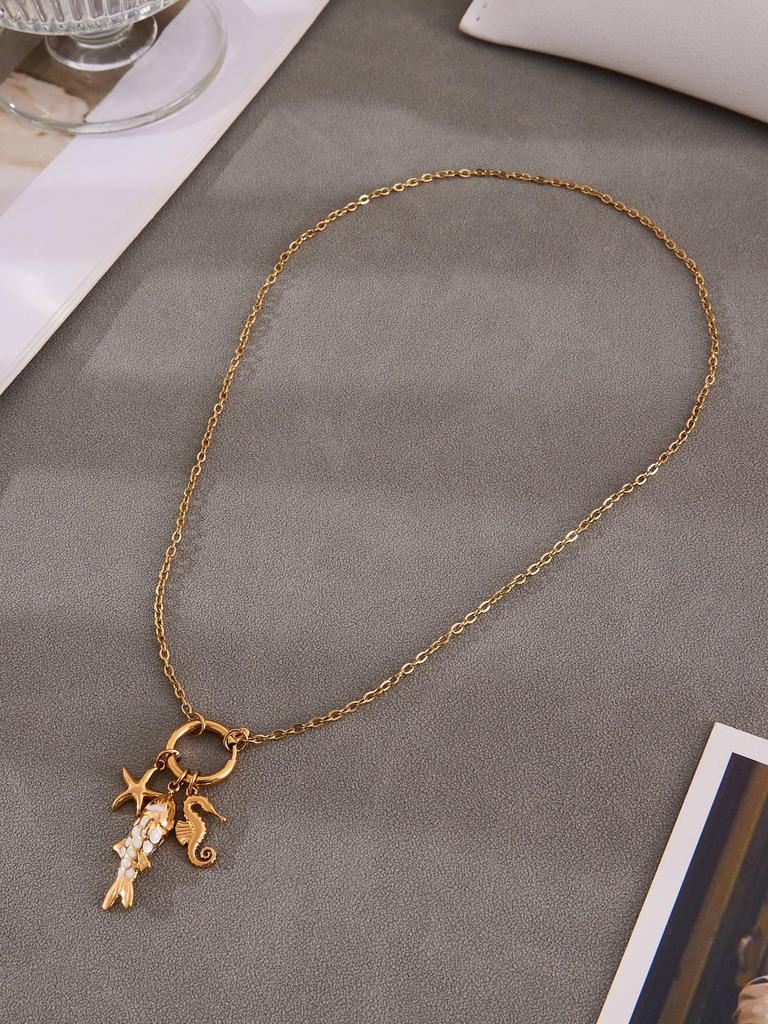 Gold-Plated Stainless Steel Fish Pendant Necklace - Ocean Style Jewelry
