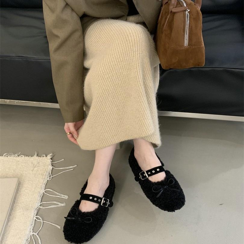 2025 autumn and winter comfortable versatile bow cotton shoes round head one-word buckle casual fluffy shoes