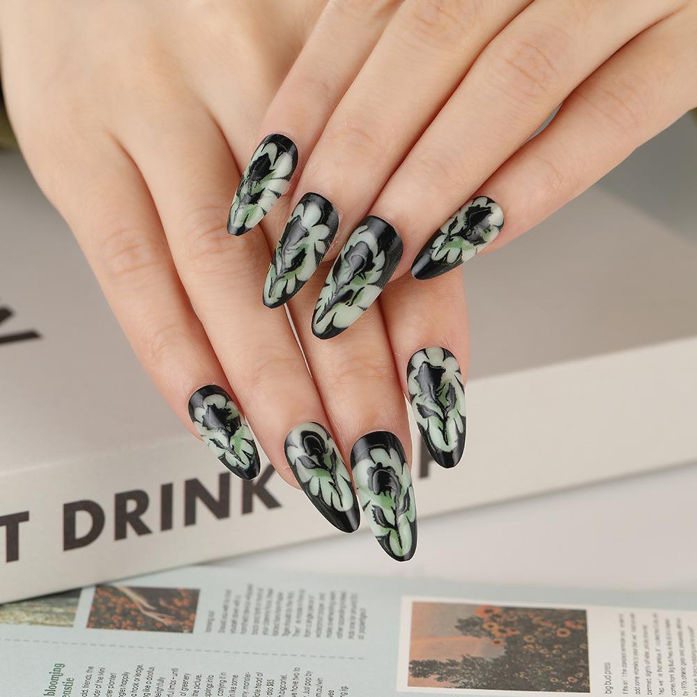 24Pcs Short Almond False Nails Press on Colourful Halo Dyeing Wearable Blue Starry Sky French Fake Nails Set Manicure Nail Art