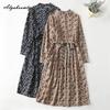 Japanese Mori Girl Spring Autumn Women Dress Stand Collar Floral Print Navy Blue Lace Up Dress Long Sleeve Vintage Midi Dress With Pockets