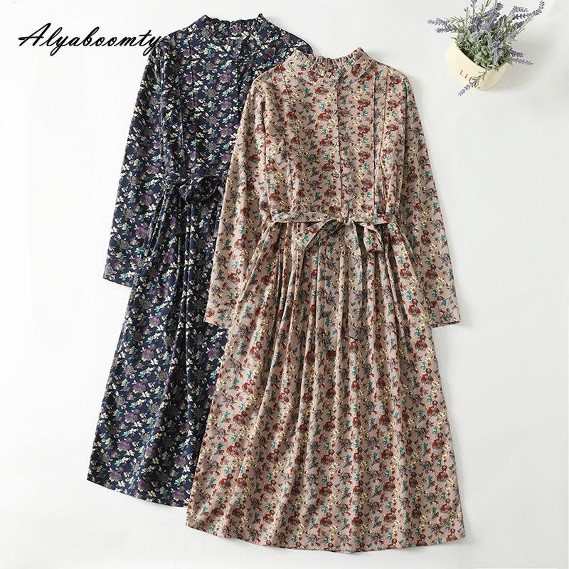 Japanese Mori Girl Spring Autumn Women Dress Stand Collar Floral Print Navy Blue Lace Up Dress Long Sleeve Vintage Midi Dress With Pockets