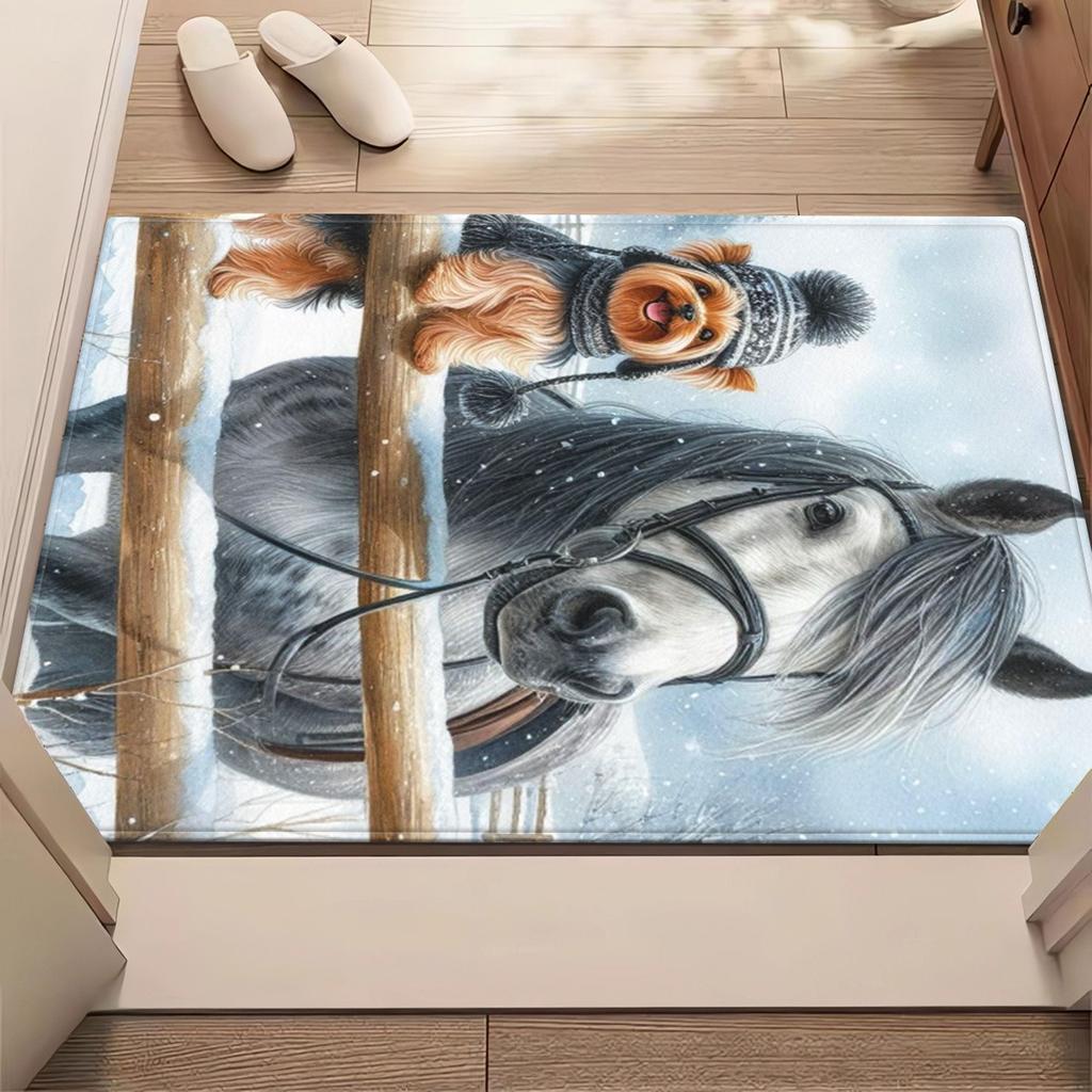 Pferd und Hund Winter Szene Teppich Haustierliebhaber Künstlerische Fußmatte Gemütliches Wohnzimmer Dekor Tier Thema Weicher Plüschteppich