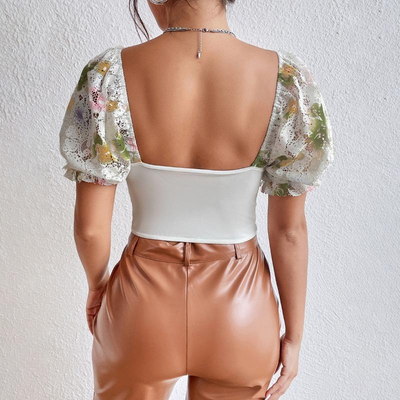 Street Backless Puff Sleeve Sexy Shirt Women with Steel Ring Fishbone Vintage Slim Fit Sexy Crop Tops for Women Print Elegant Blouses 24441