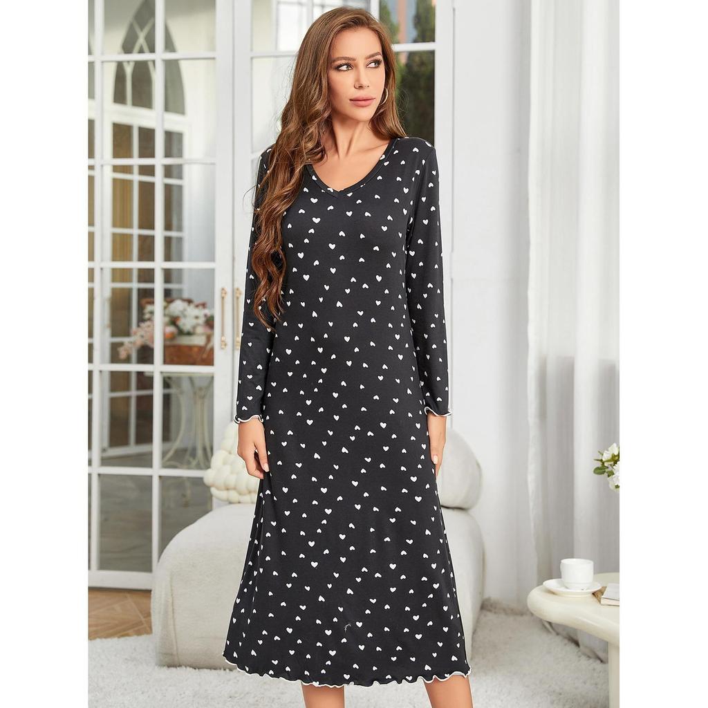 Pigiama lungo da donna primavera e autunno scollo a V stampa amore camicie da notte a maniche lunghe